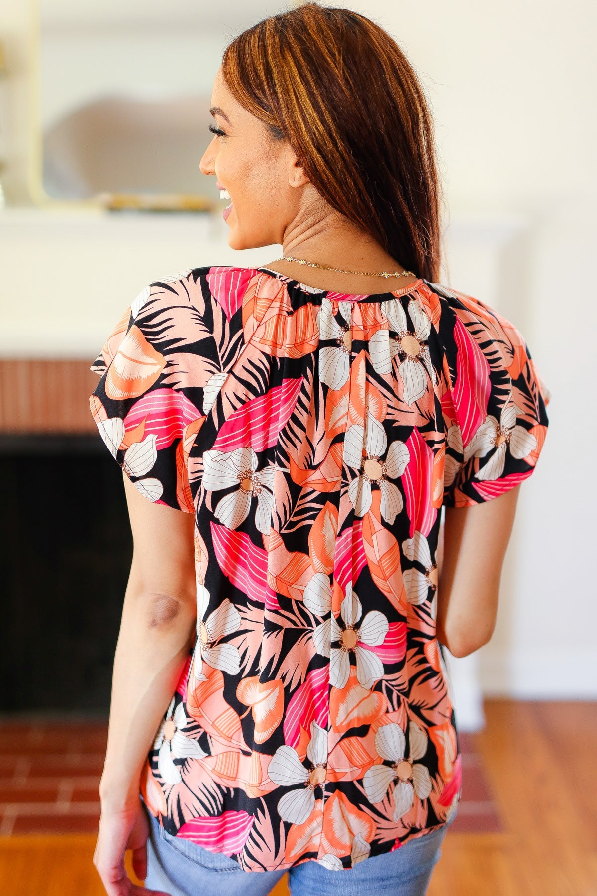 Peach Tropical Floral Raglan Top