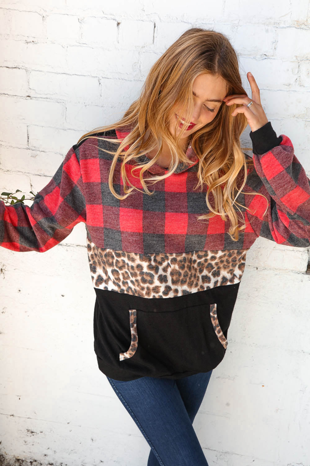 Plaid Leopard Color Block Hoodie