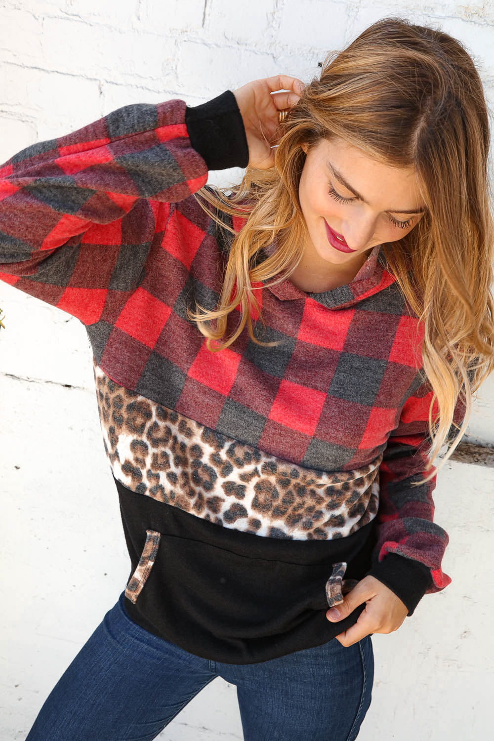 Plaid Leopard Color Block Hoodie