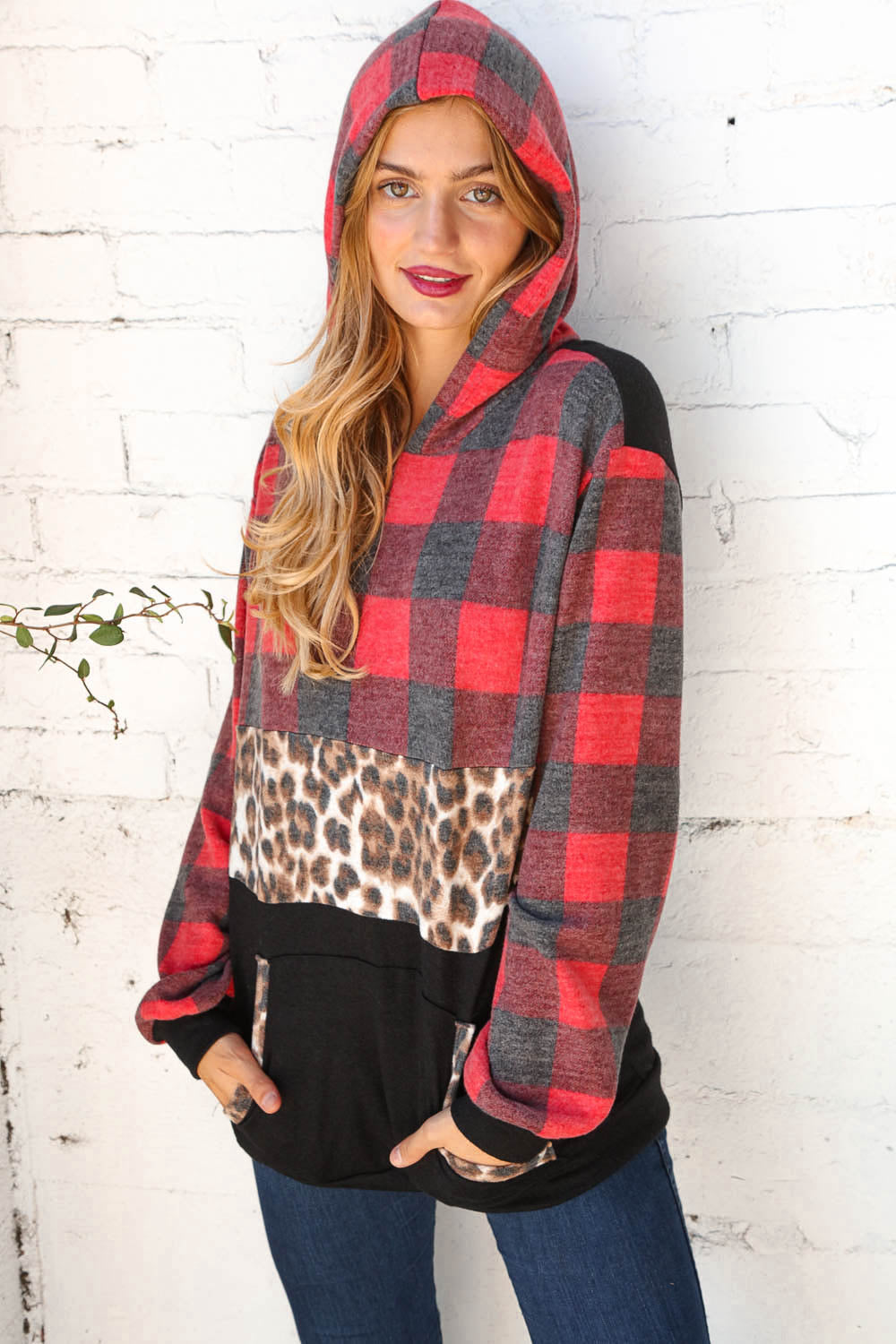 Plaid Leopard Color Block Hoodie