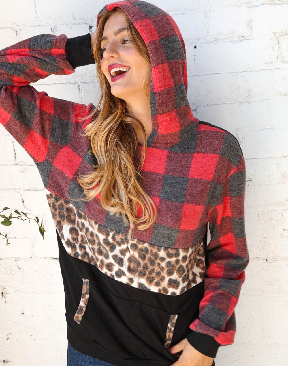 Plaid Leopard Color Block Hoodie