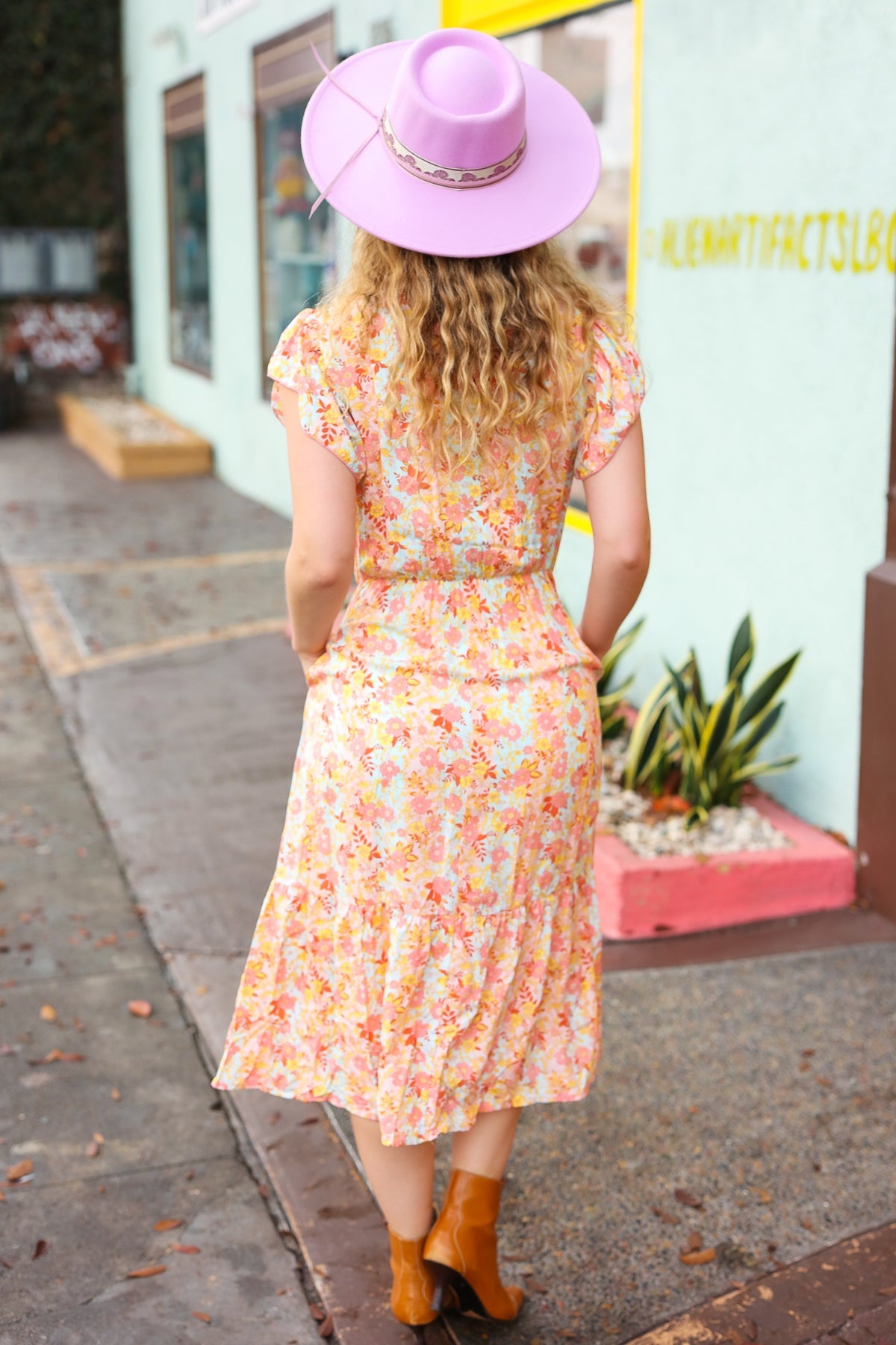 Lovely In Peach Floral Ruffle Midi Dress