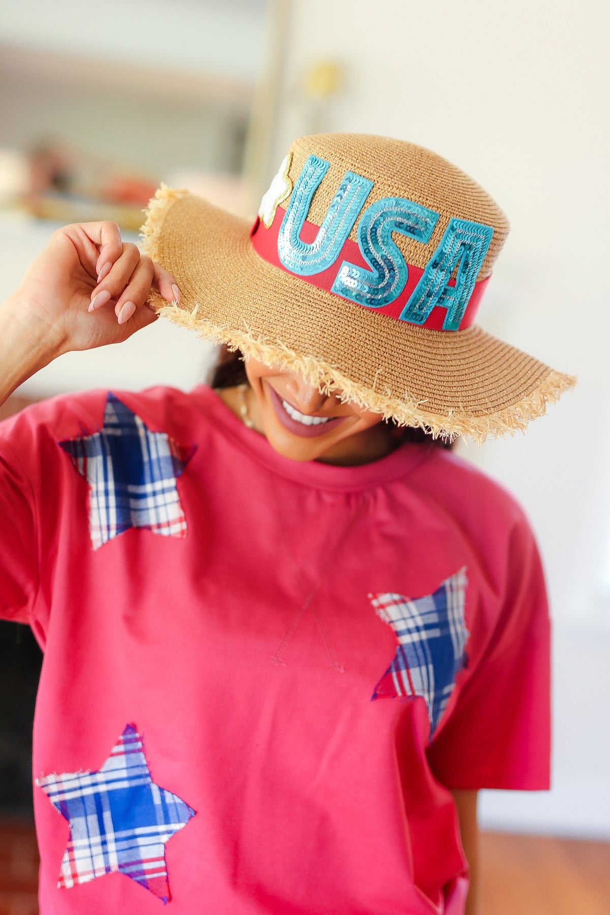 USA Sequin Frayed Straw Hat