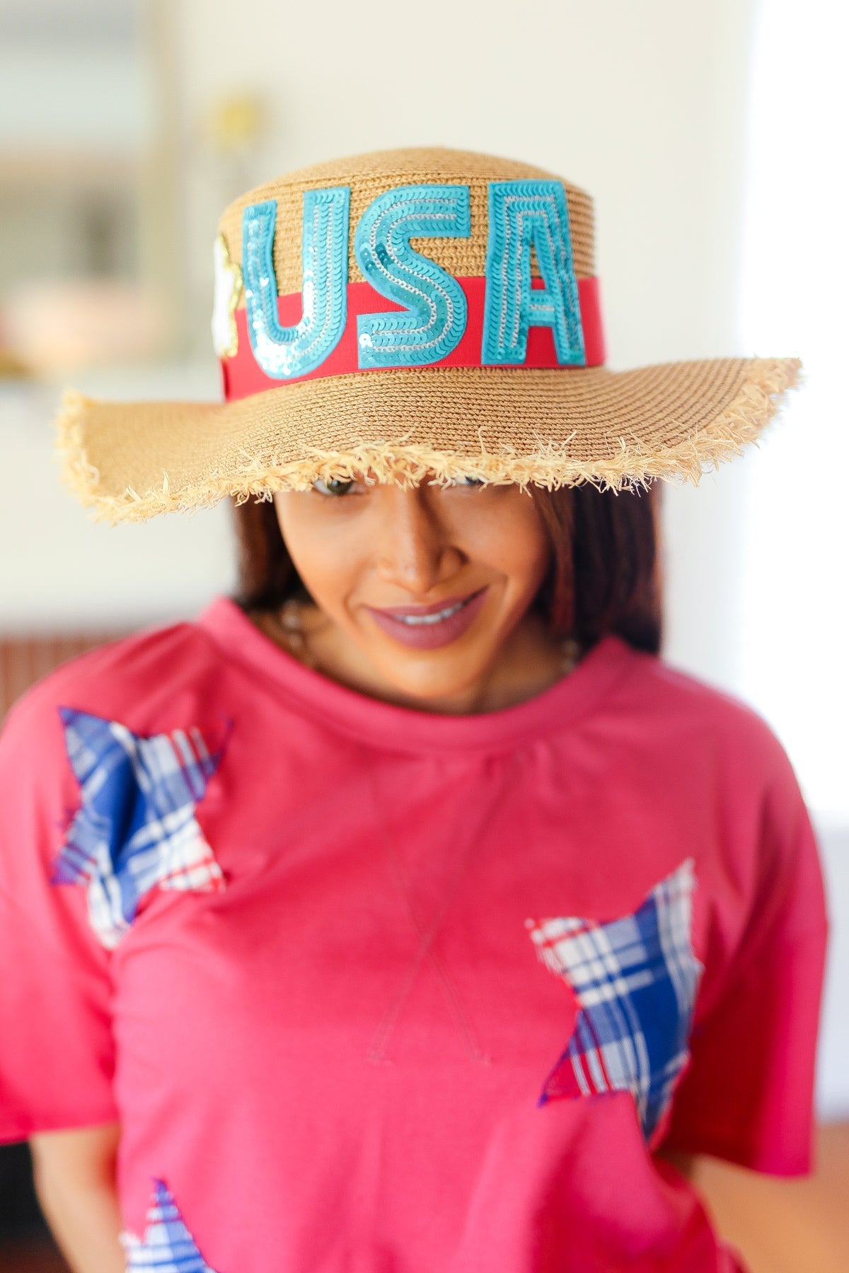 USA Sequin Frayed Straw Hat