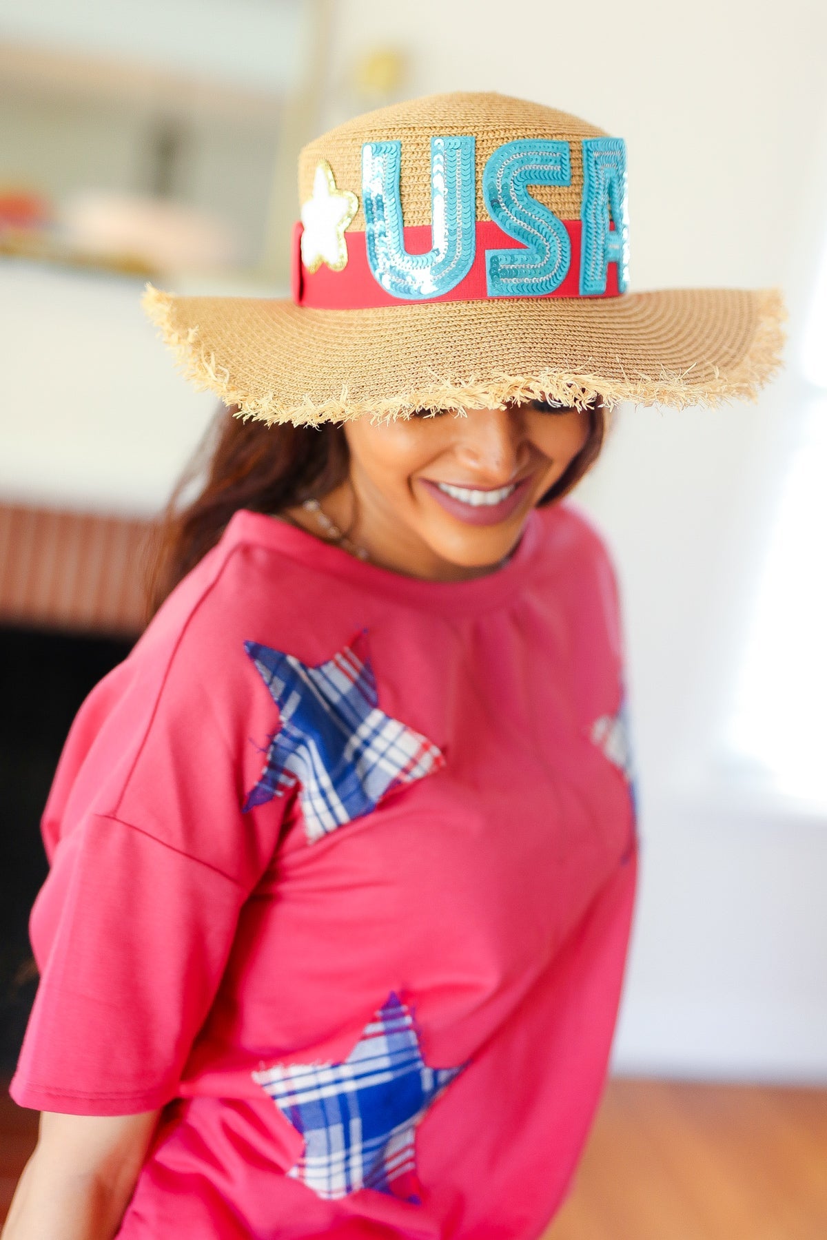 USA Sequin Frayed Straw Hat