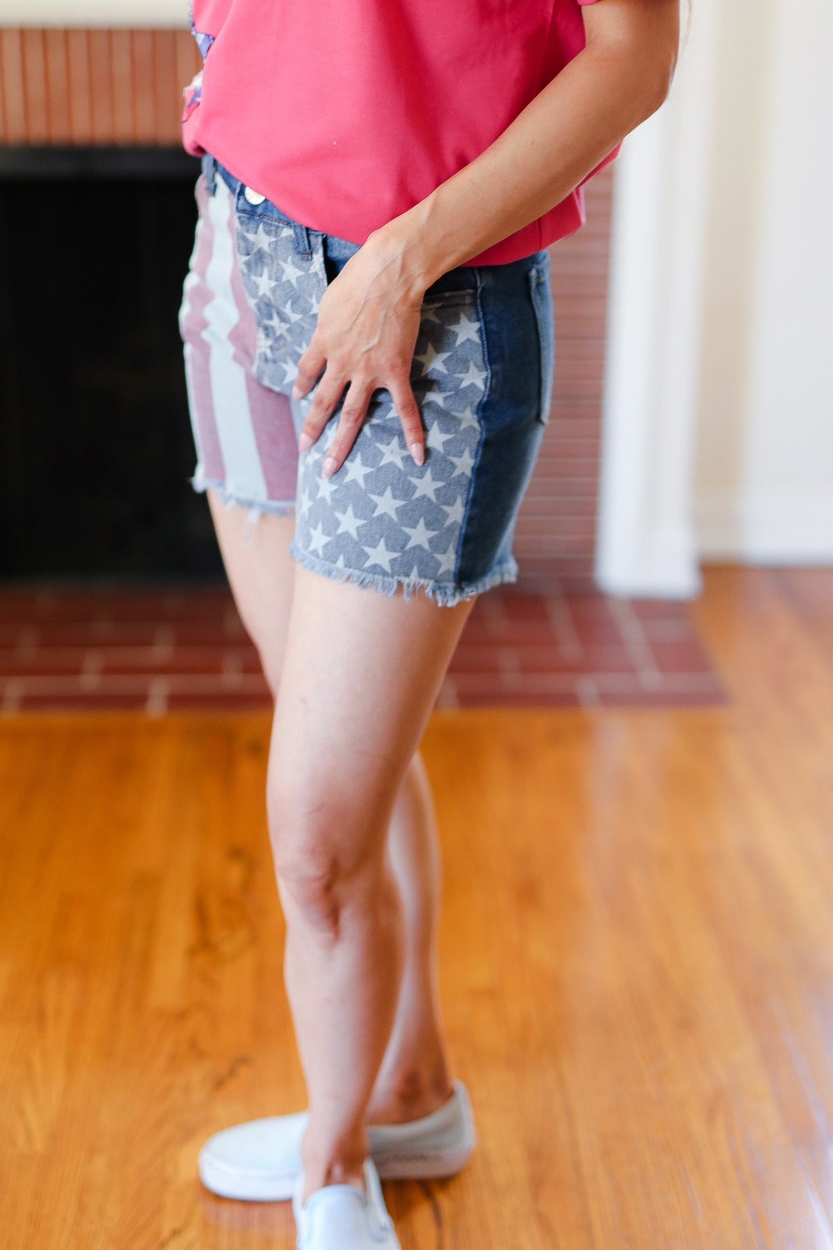 American Flag High-Rise Frayed Hem Denim Shorts