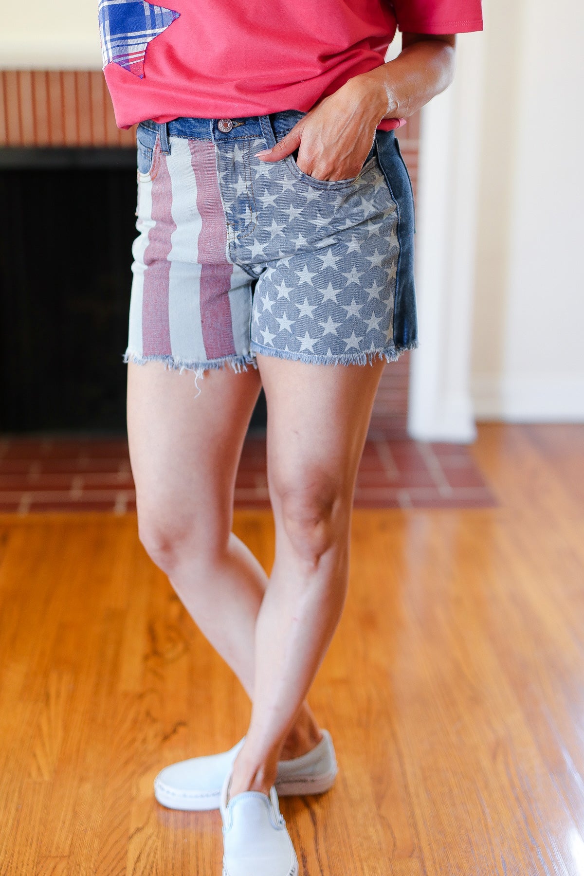 American Flag High-Rise Frayed Hem Denim Shorts