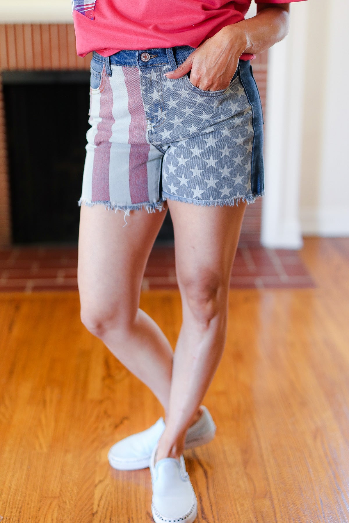 American Flag High-Rise Frayed Hem Denim Shorts