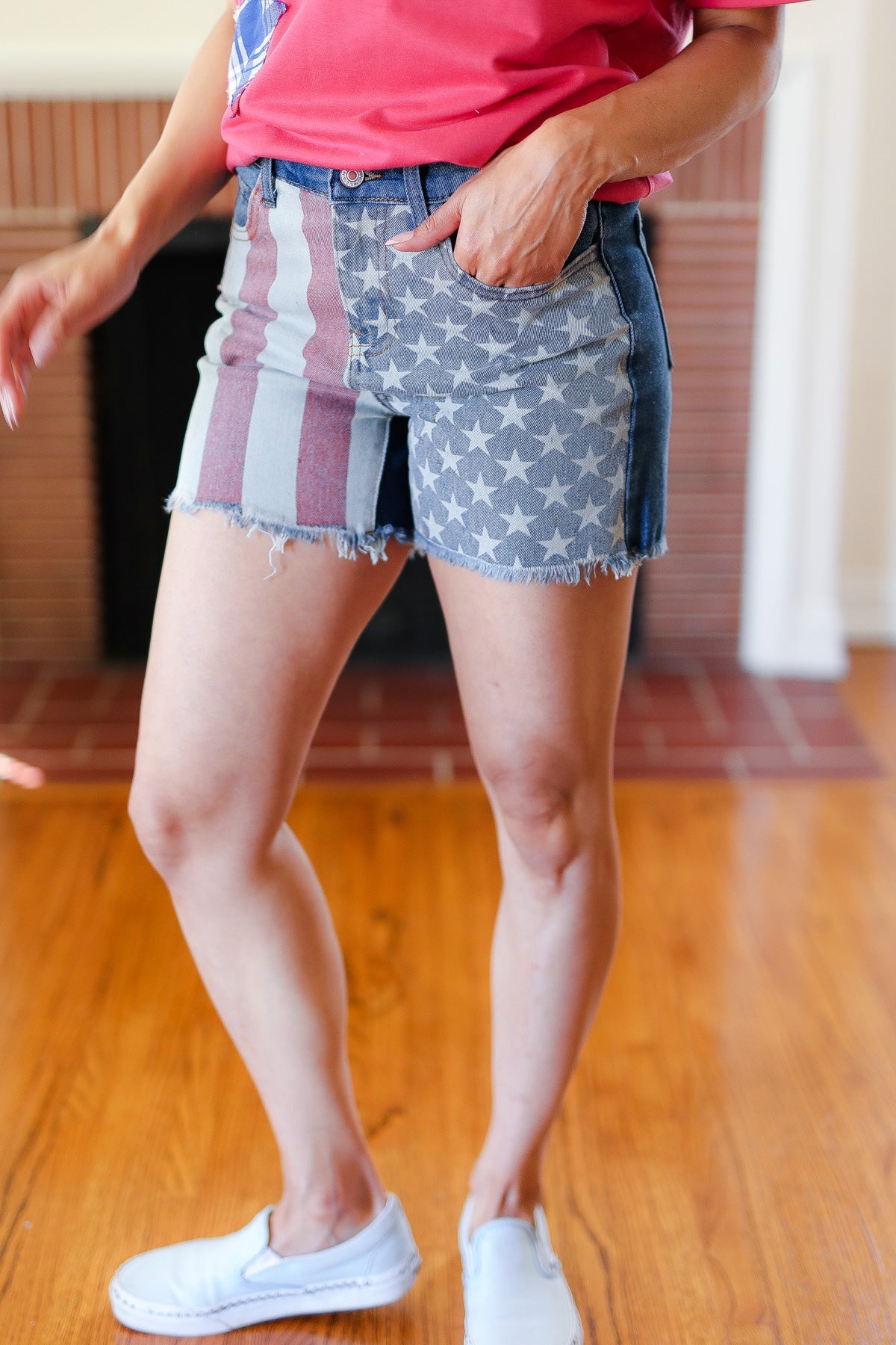 American Flag High-Rise Frayed Hem Denim Shorts