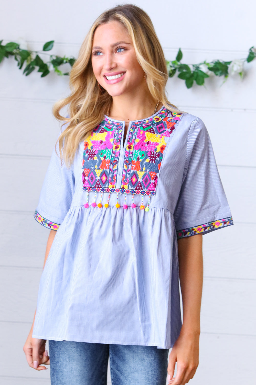 Navy Striped Embroidered Beaded Top