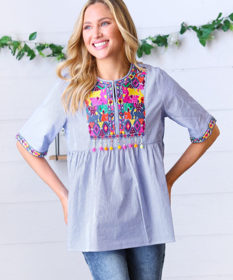 Navy Striped Embroidered Beaded Top