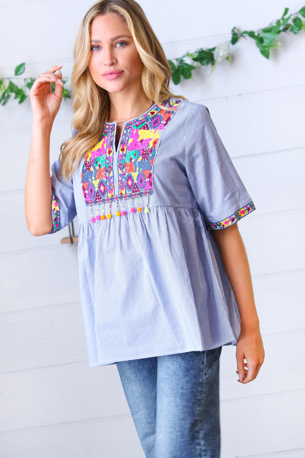 Navy Striped Embroidered Beaded Top