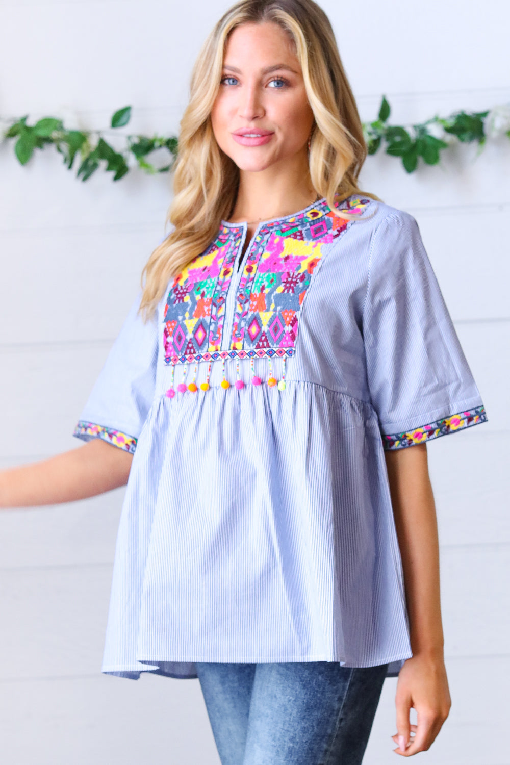 Navy Striped Embroidered Beaded Top