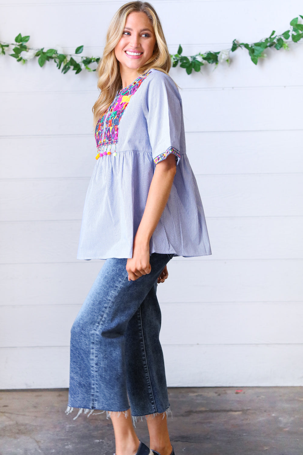 Navy Striped Embroidered Beaded Top