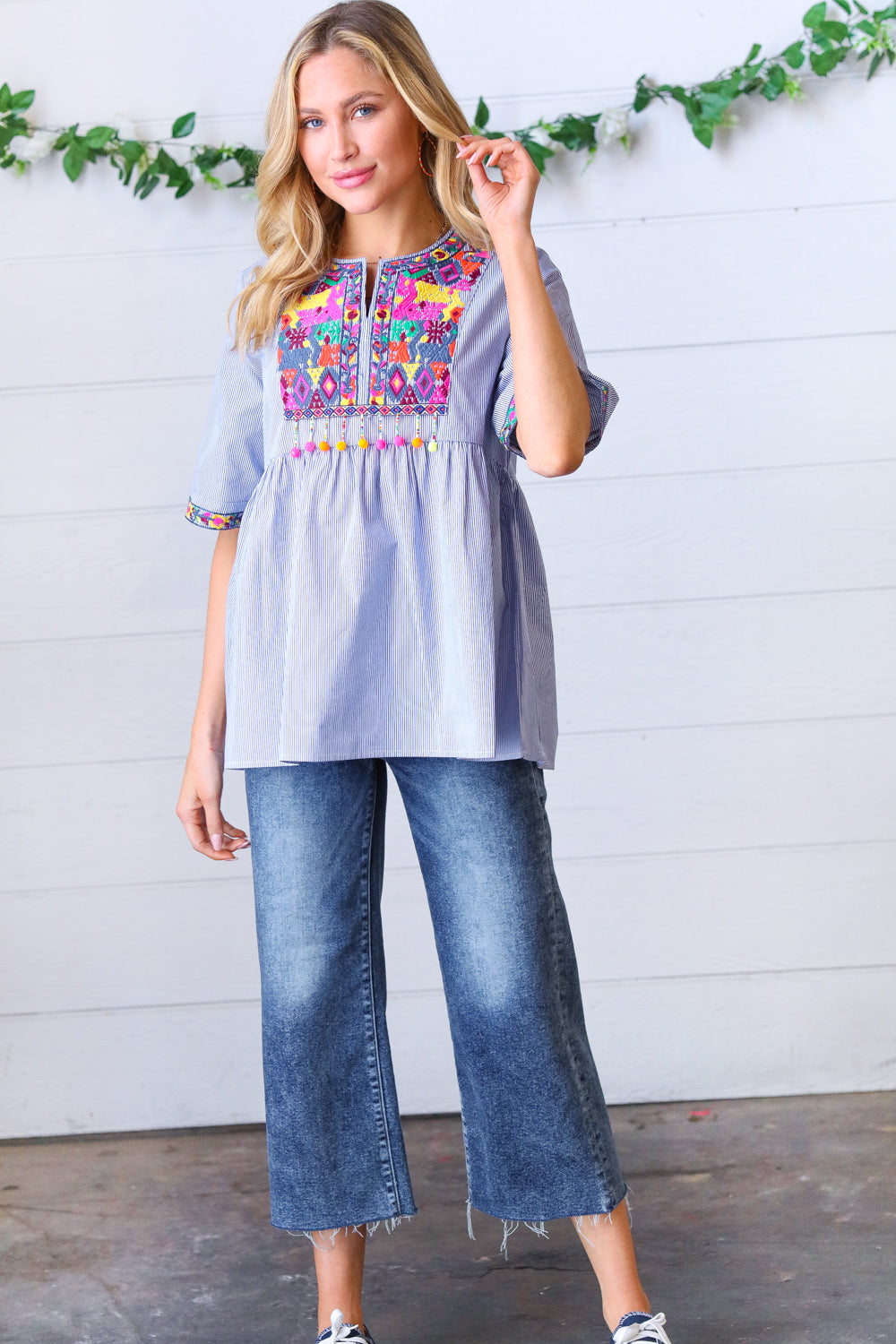 Navy Striped Embroidered Beaded Top