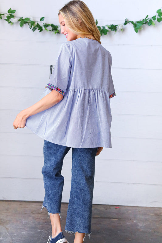 Navy Striped Embroidered Beaded Top