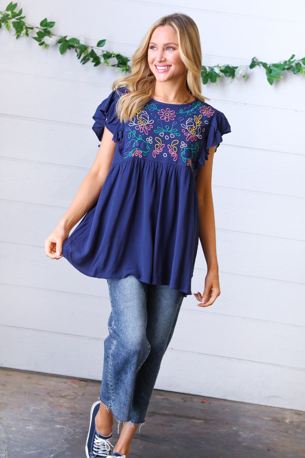 Floral Embroidered Flutter Sleeve Top