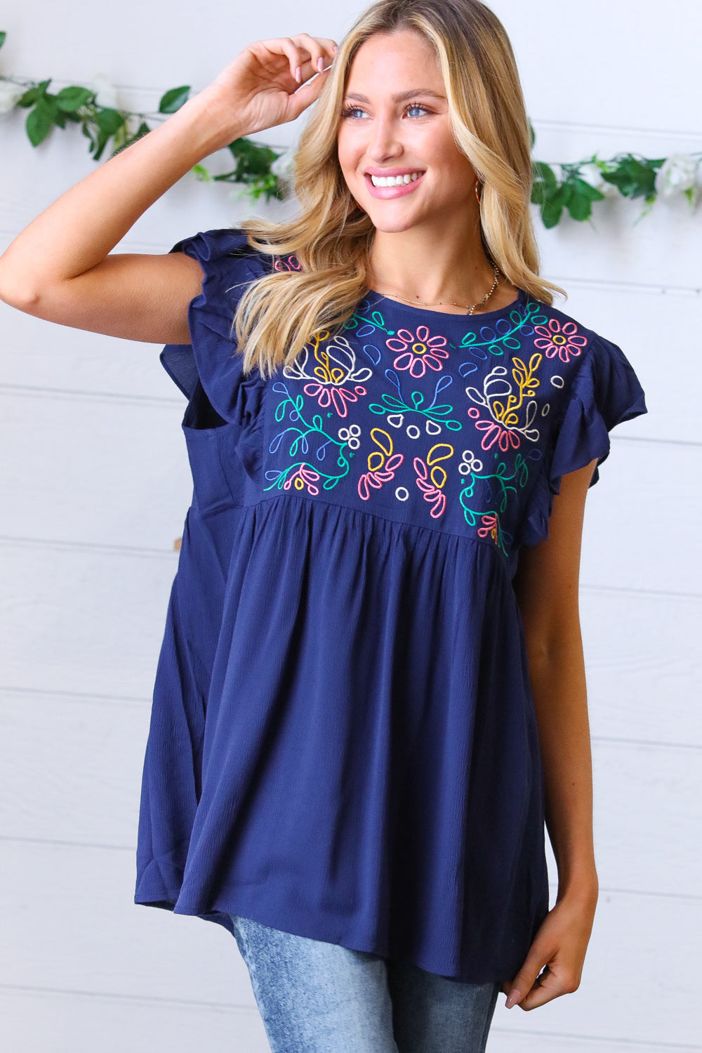 Floral Embroidered Flutter Sleeve Top