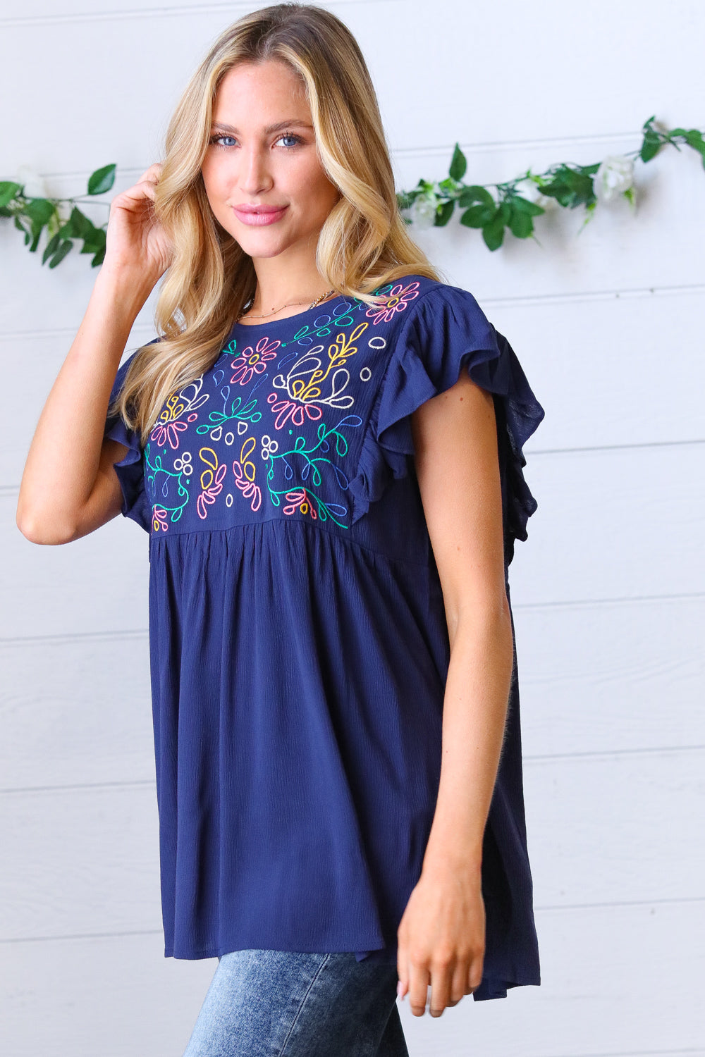 Floral Embroidered Flutter Sleeve Top