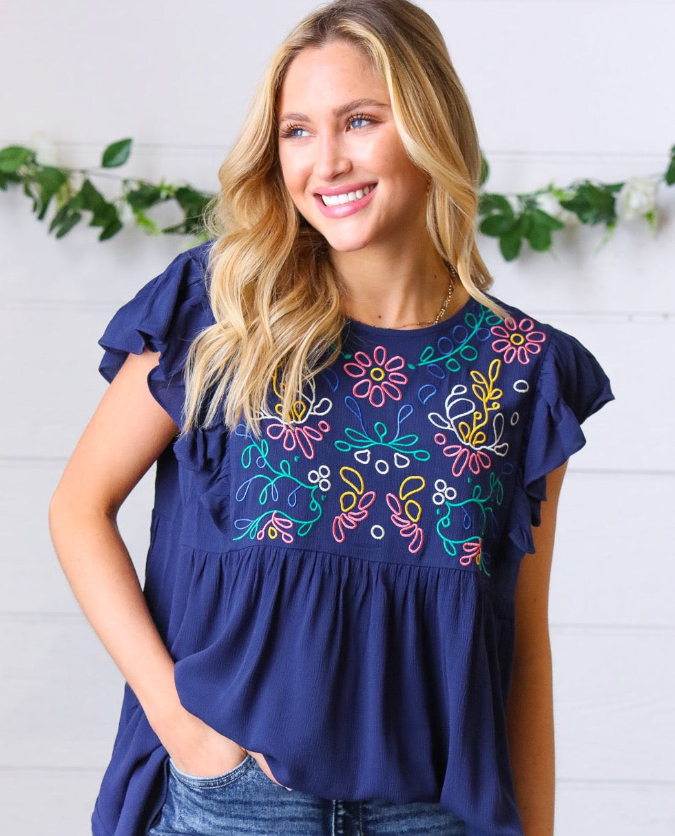 Floral Embroidered Flutter Sleeve Top