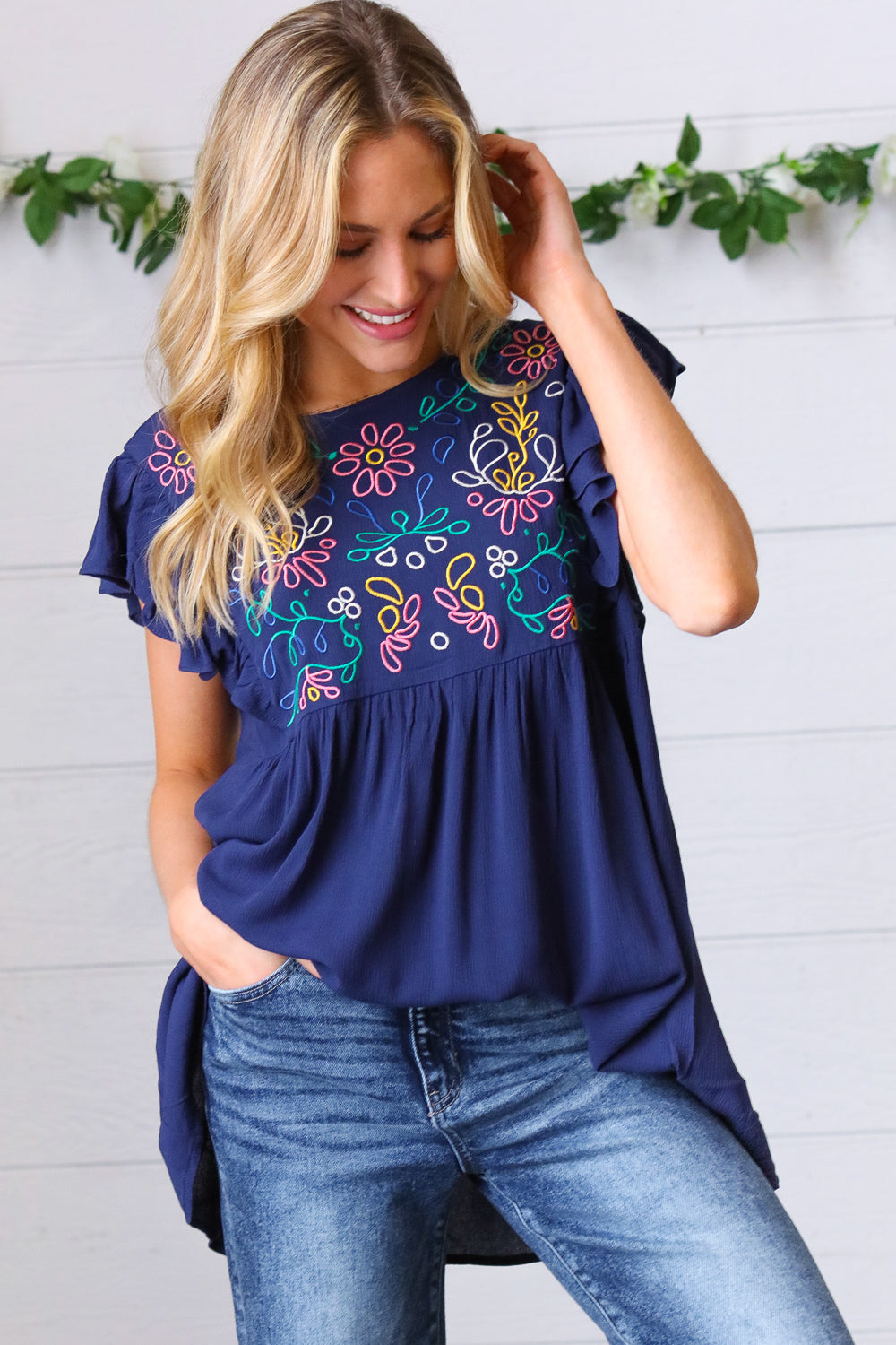 Floral Embroidered Flutter Sleeve Top