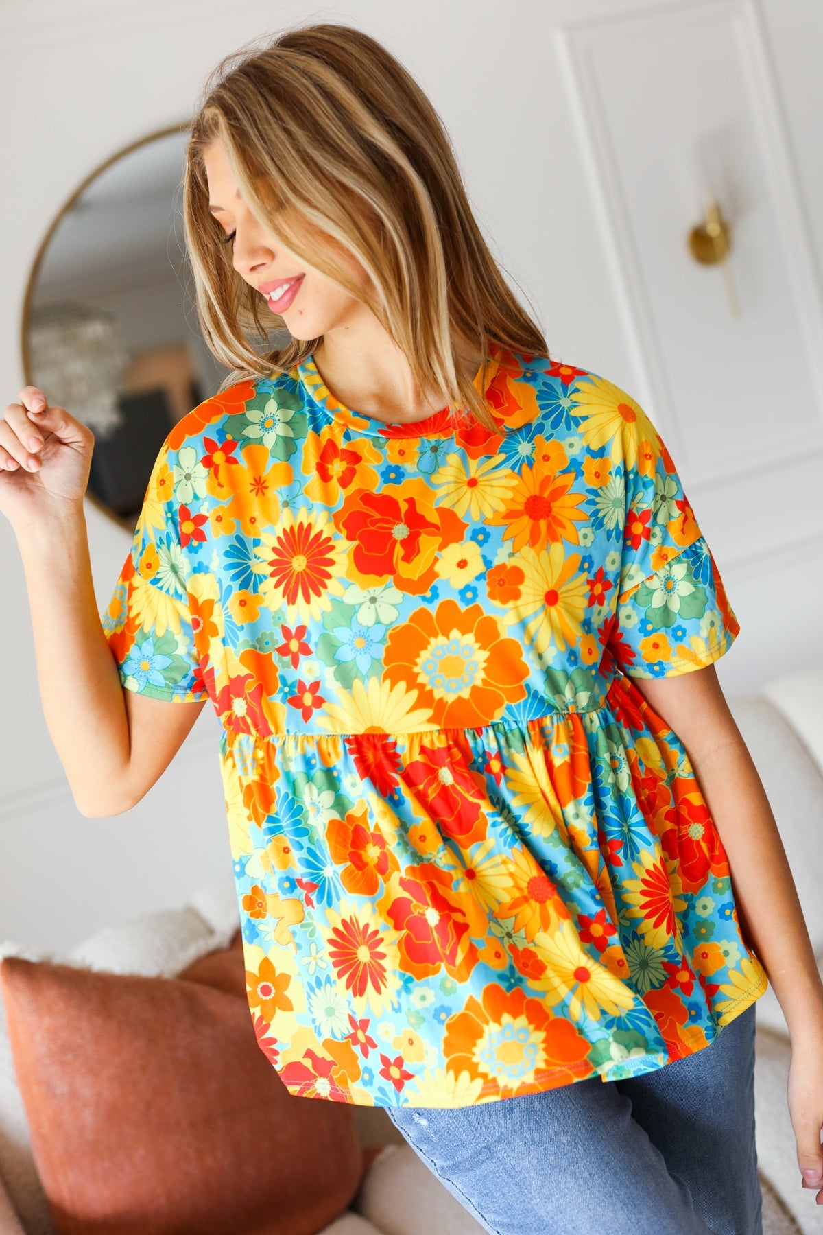Sunflower Retro Floral Swing Babydoll Top