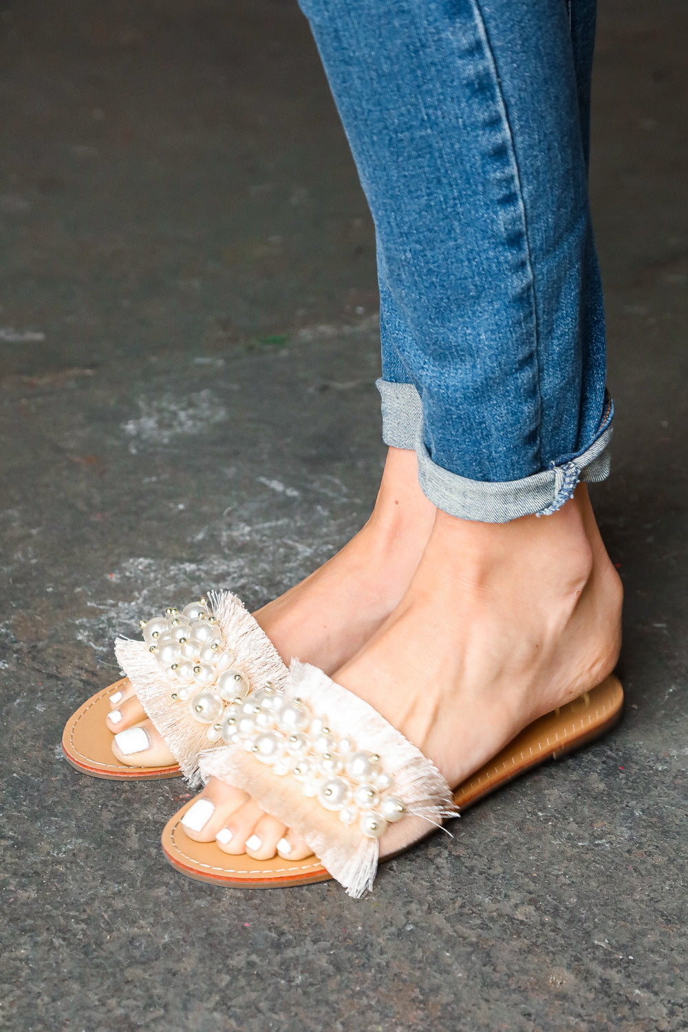 Blush Linen Fray Beaded Slide Sandals