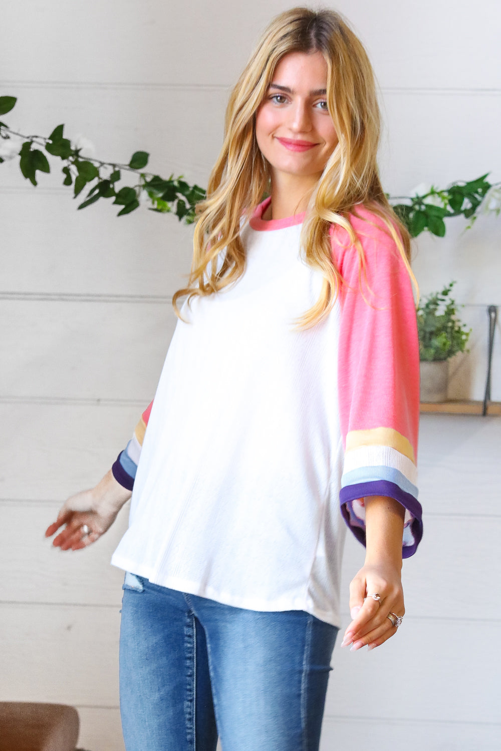 Pointelle Color Block Wide Sleeve Pullover