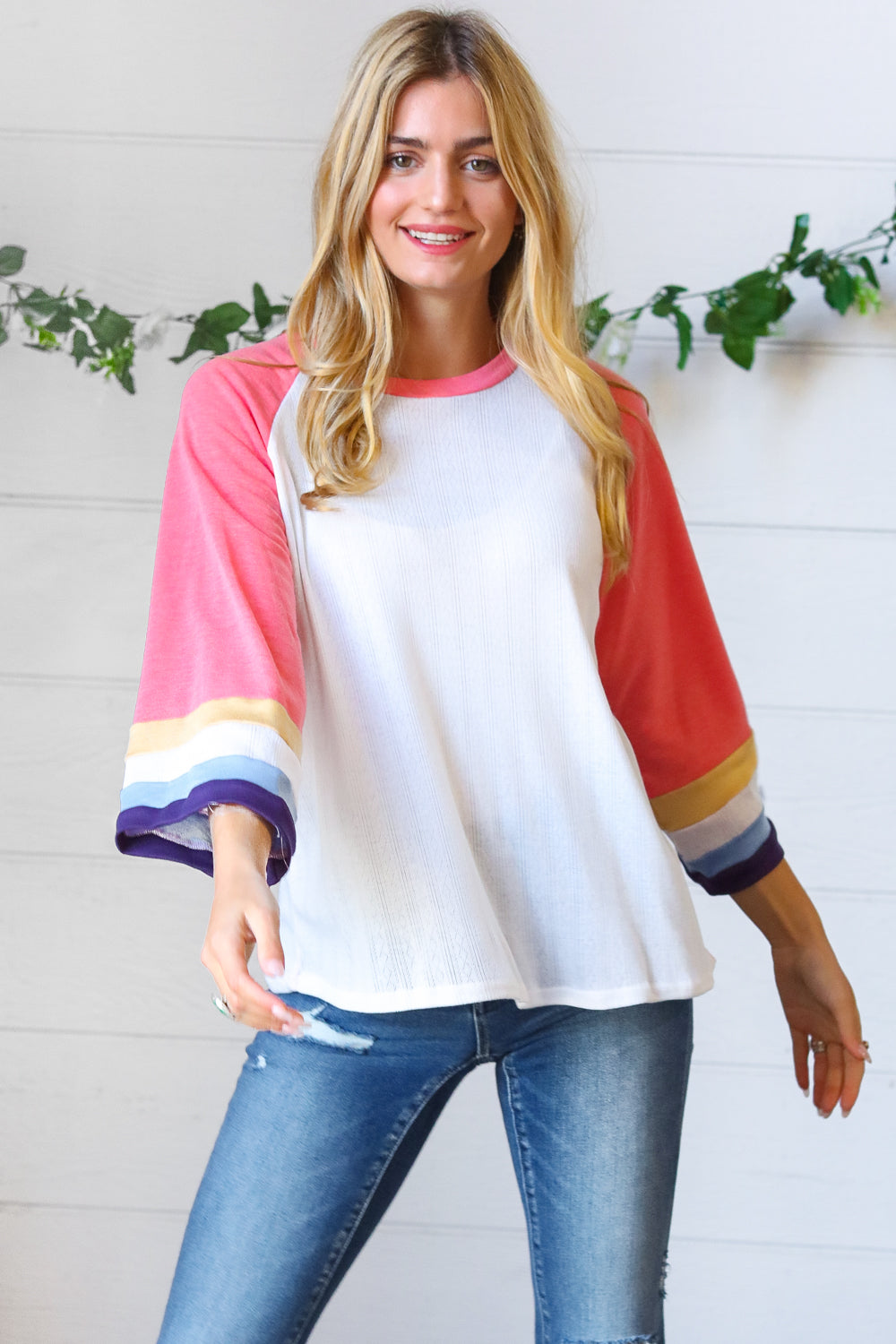 Pointelle Color Block Wide Sleeve Pullover