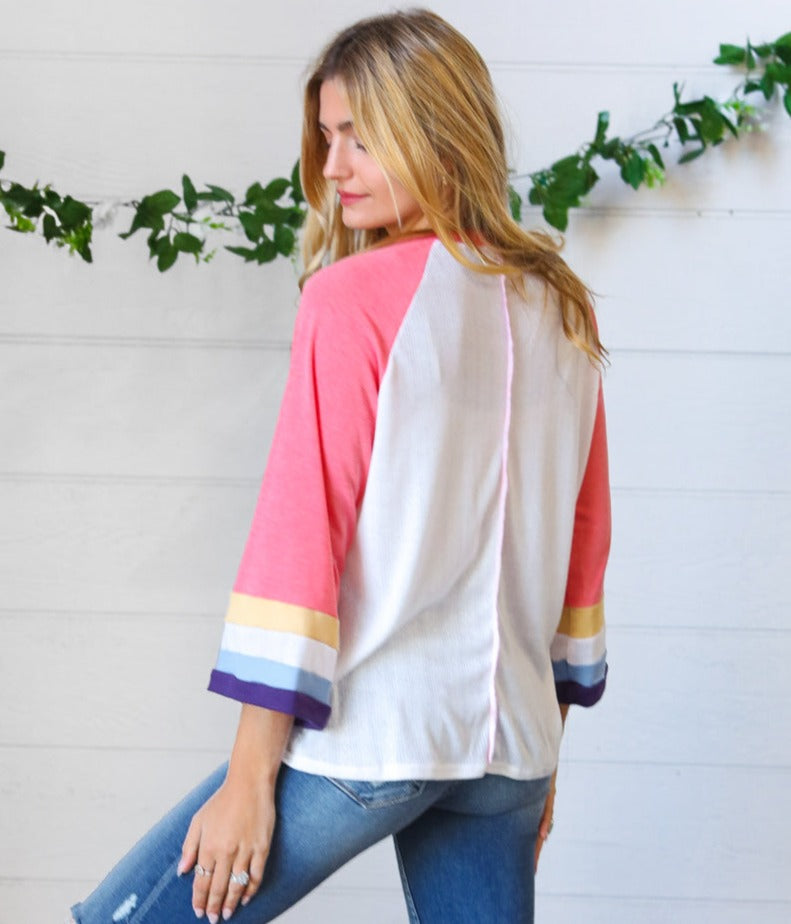 Pointelle Color Block Wide Sleeve Pullover