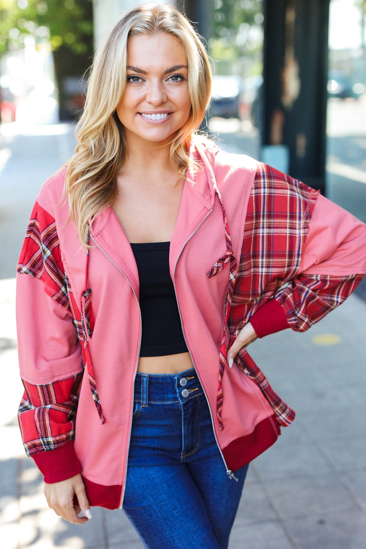 Adorable in Marsala Plaid French Terry Hoodie