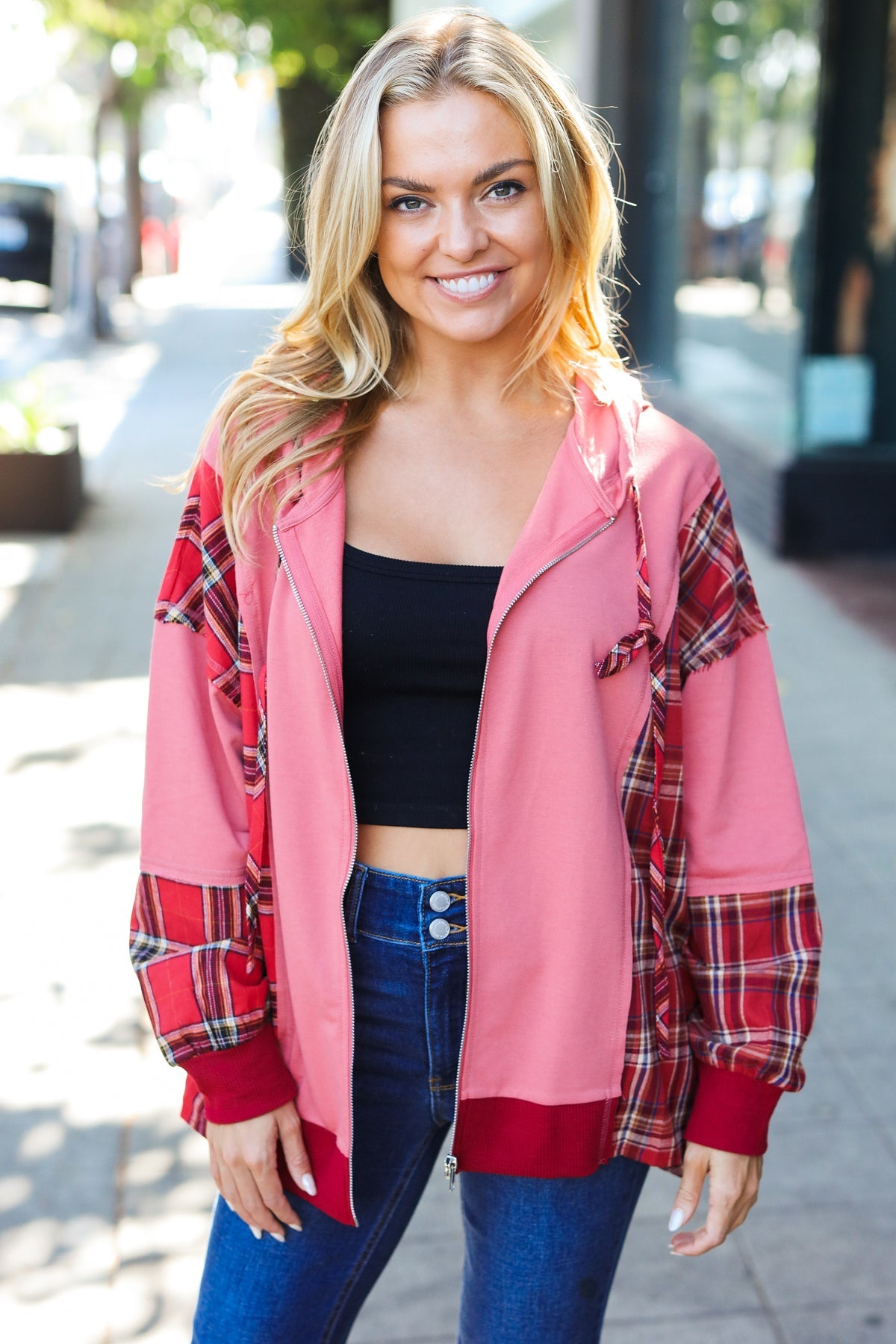 Adorable in Marsala Plaid French Terry Hoodie