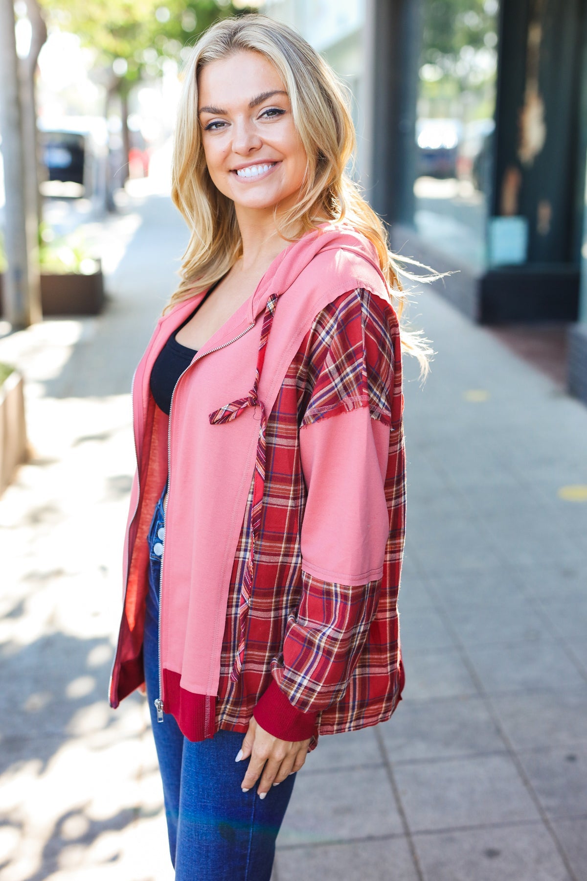 Adorable in Marsala Plaid French Terry Hoodie