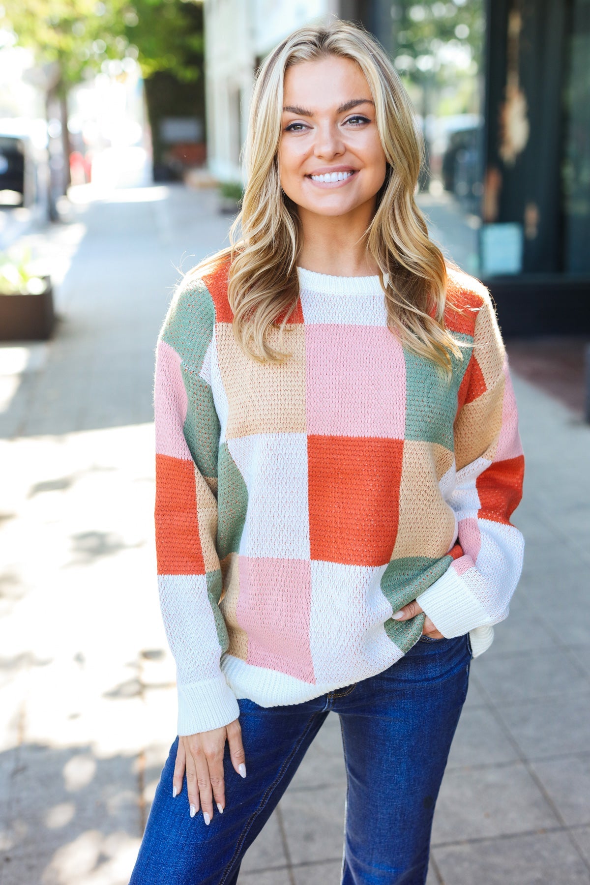 Be Bold Checkered Jacquard Knit Sweater