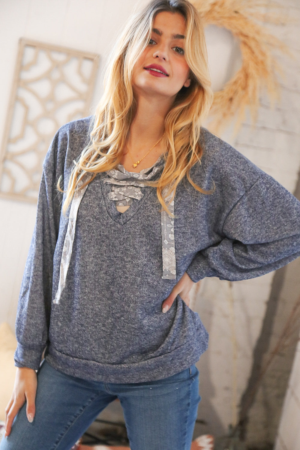 Terry Floral Lace Up Pullover
