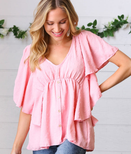 Soft Pink Swiss Dot Ruffle Woven Top