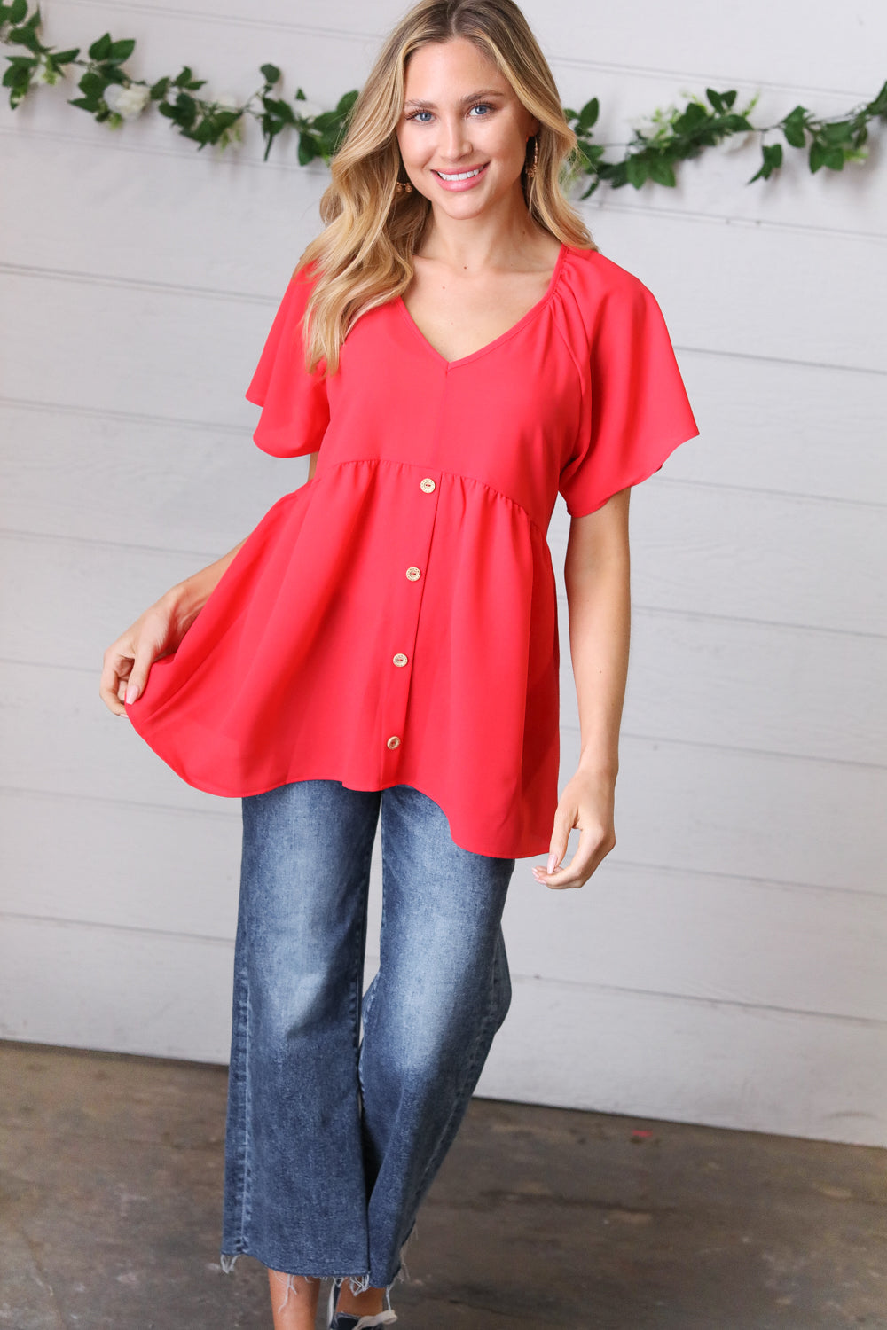 Cherry Red Babydoll Raglan Top