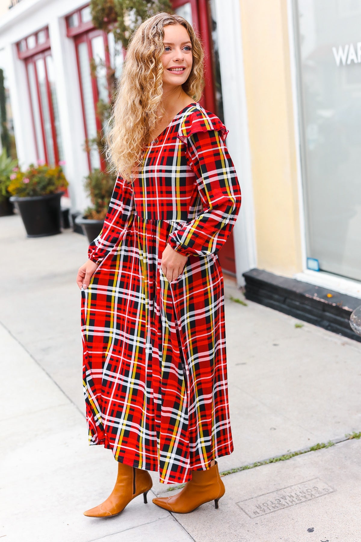 Adorable In Red Plaid Midi Dress