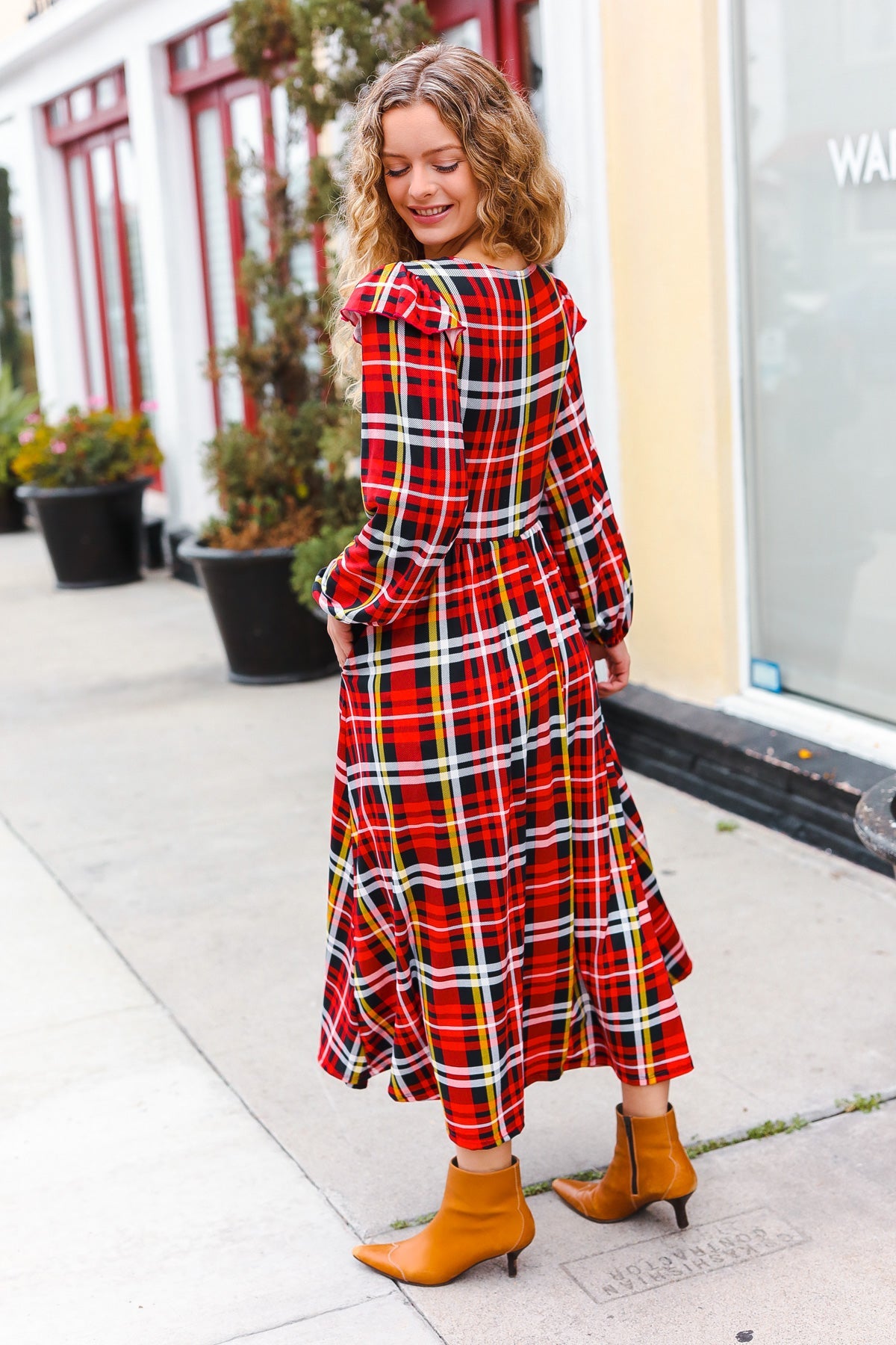 Adorable In Red Plaid Midi Dress