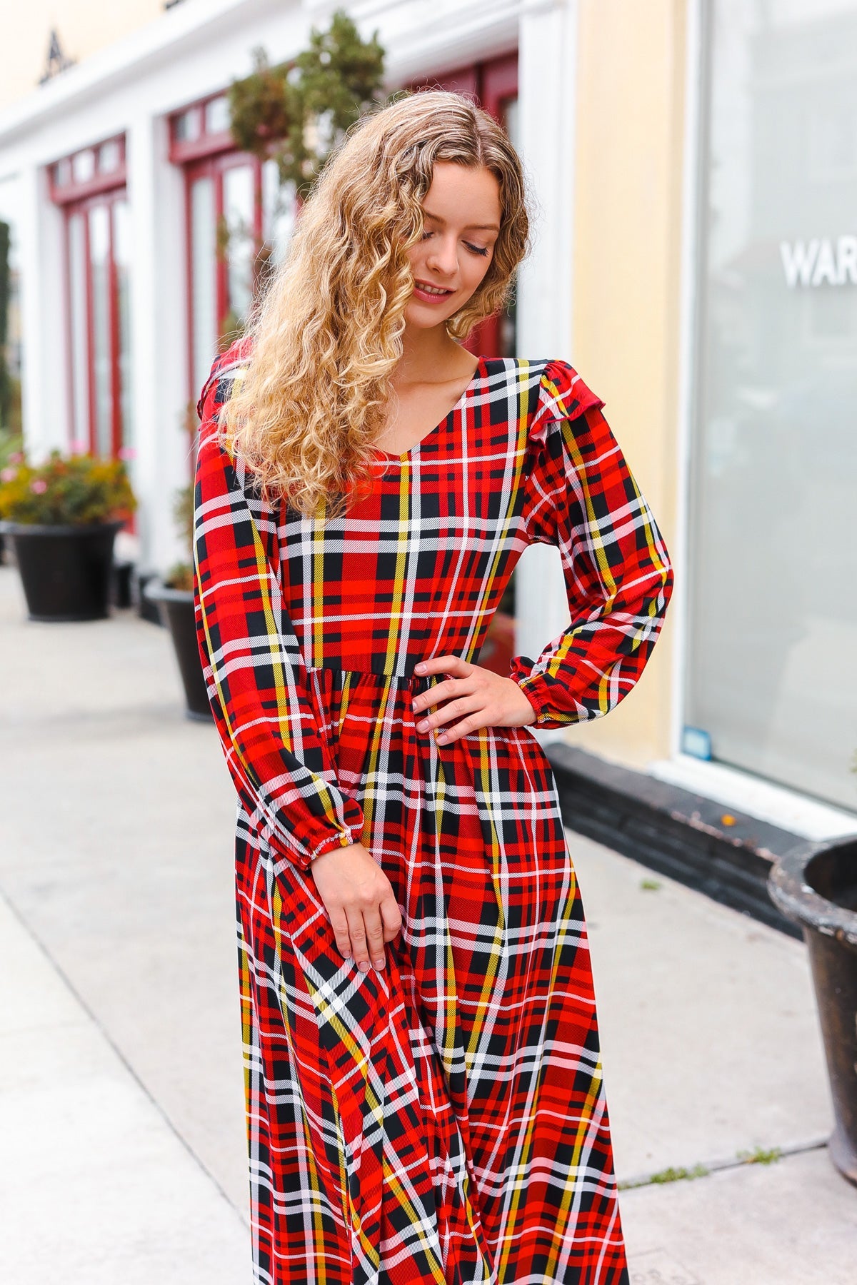 Adorable In Red Plaid Midi Dress