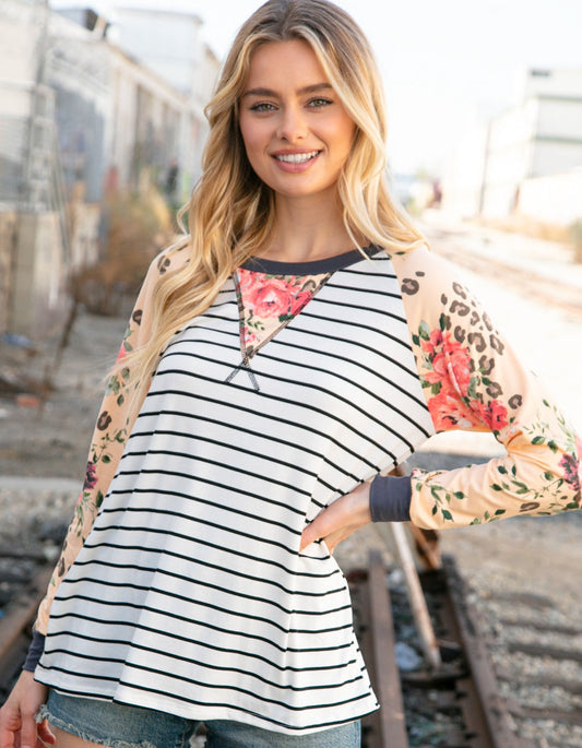 Peaches & Leopard Floral Color Block Top