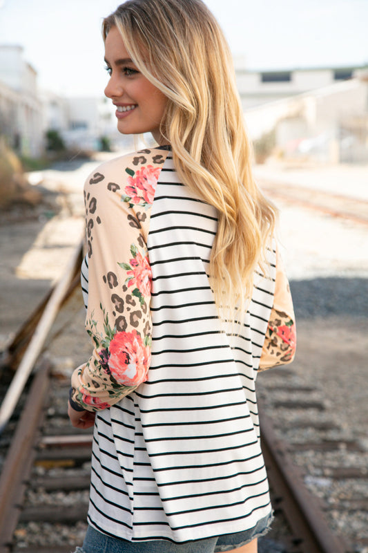 Peaches & Leopard Floral Color Block Top