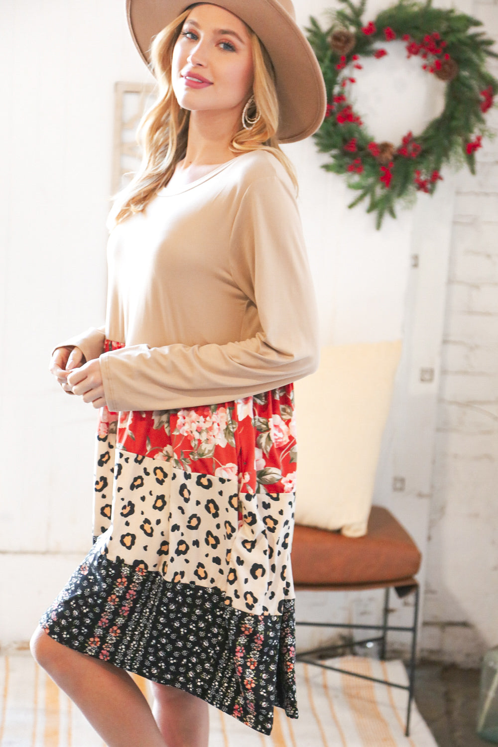 Floral & Leopard Tiered Pocketed Mid Dress