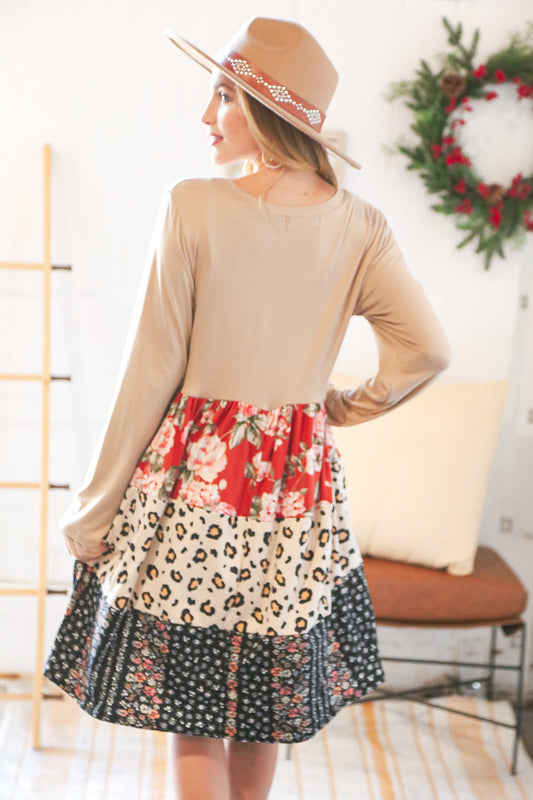Floral & Leopard Tiered Pocketed Mid Dress