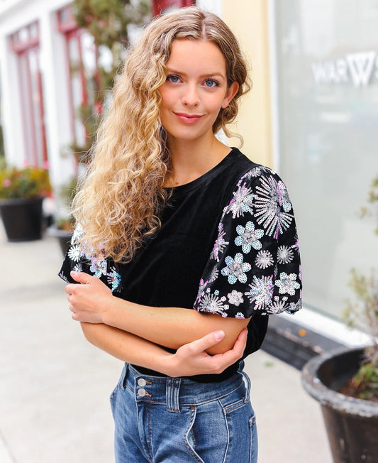 Feeling Glamorous Floral Sequin Velvet Top