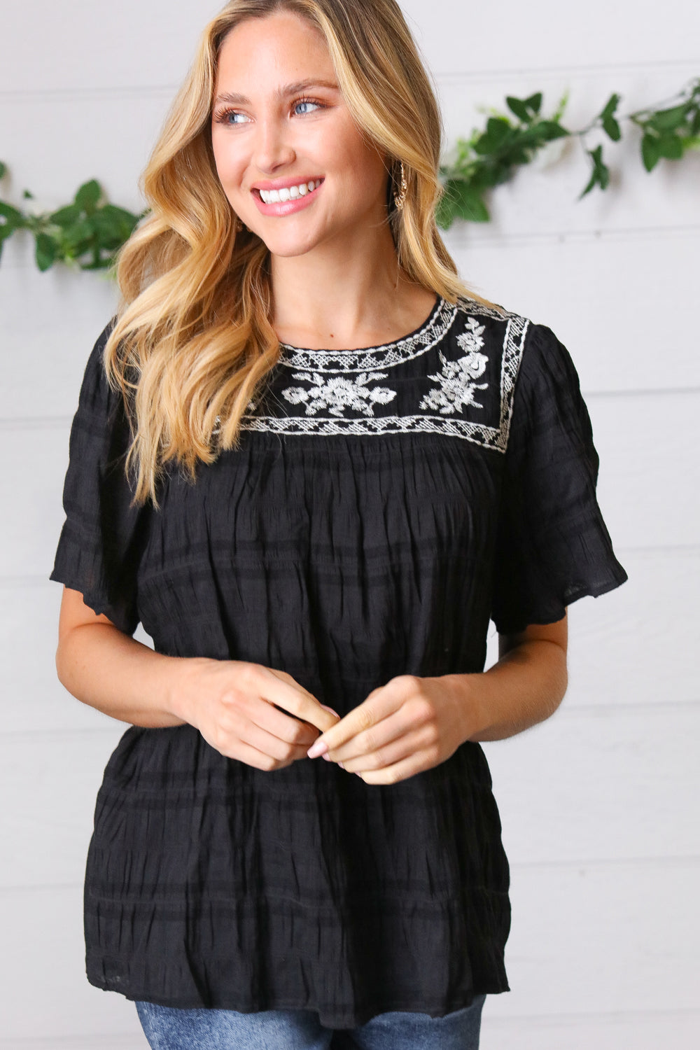 Embroidered Smocked Top