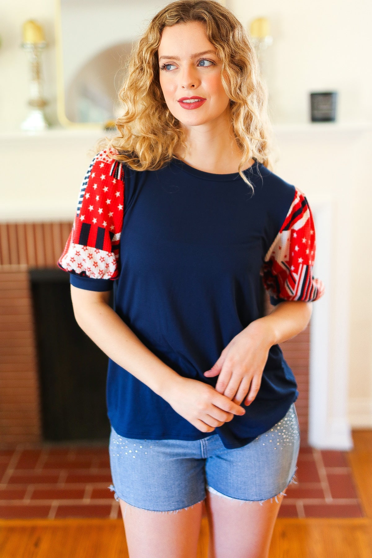 Holiday Stand-Out Patriotic Patchwork Puff Sleeve Top