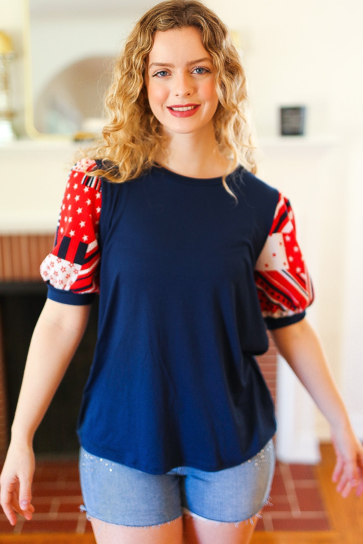 Holiday Stand-Out Patriotic Patchwork Puff Sleeve Top