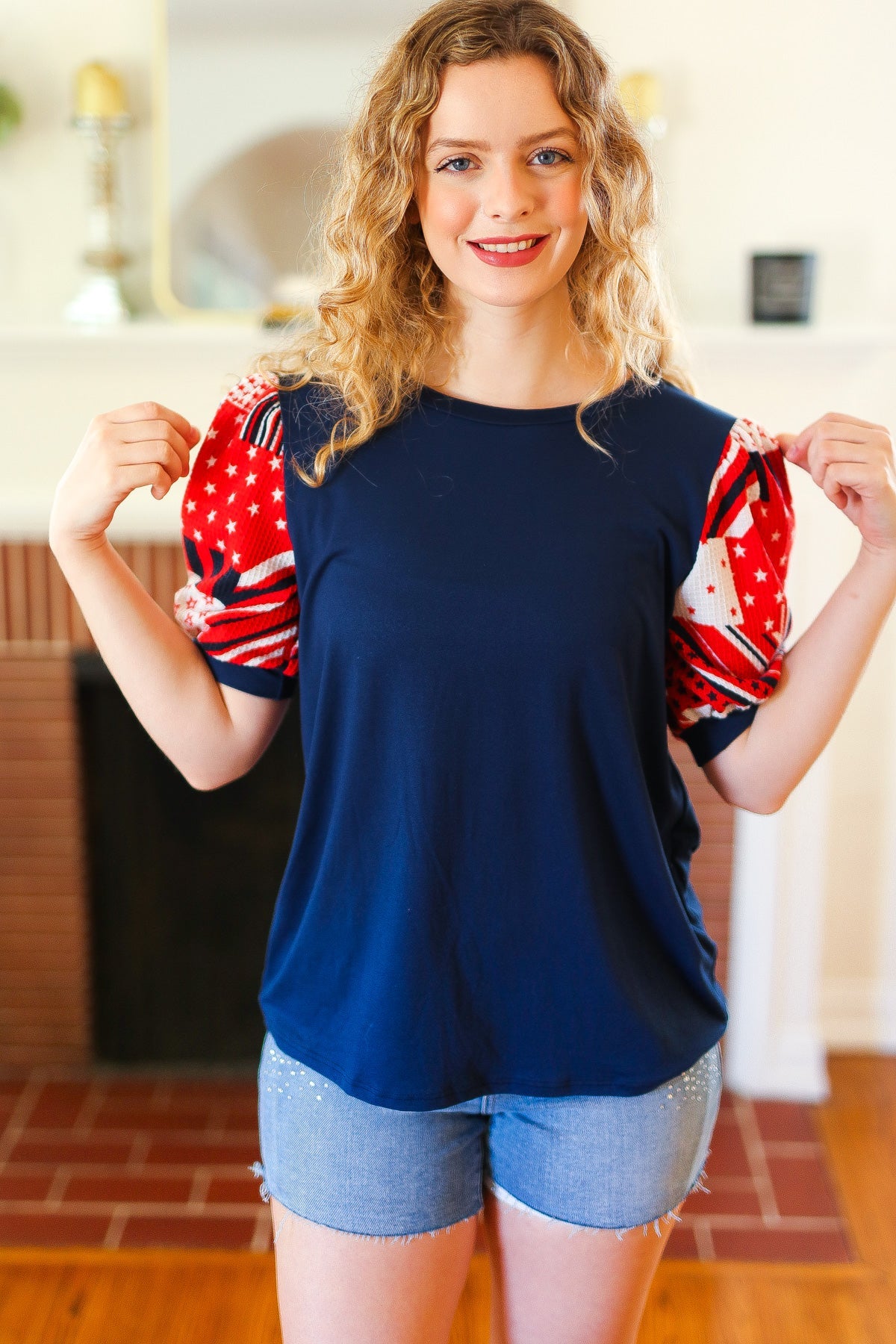 Holiday Stand-Out Patriotic Patchwork Puff Sleeve Top