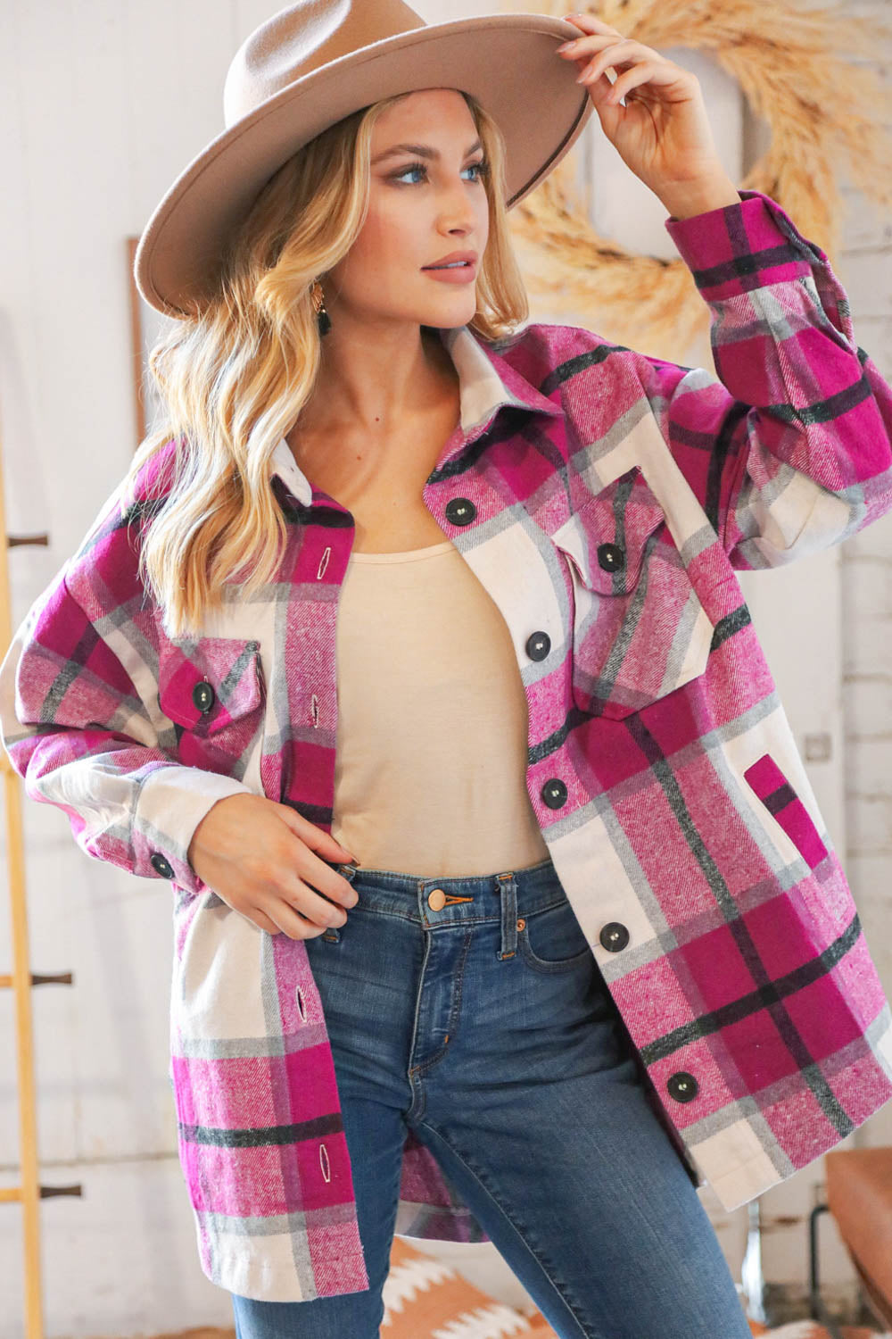 Magenta Hearts Plaid Flannel Oversized Jacket